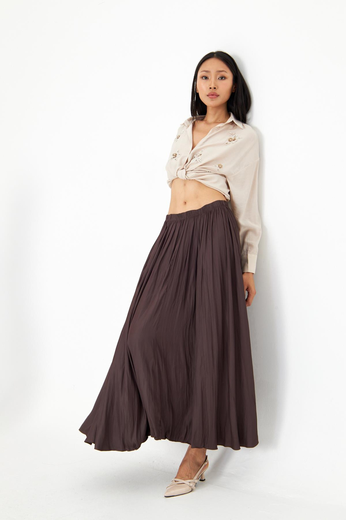 Beli Lastikli Kraşlı Uzun Saten Etek 