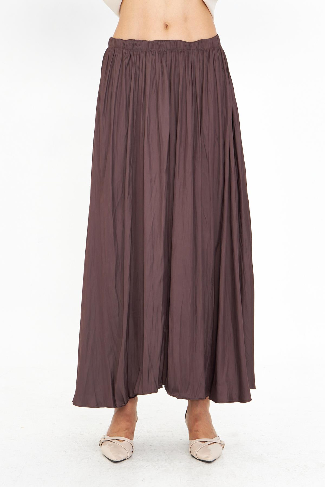 Beli Lastikli Kraşlı Uzun Saten Etek 