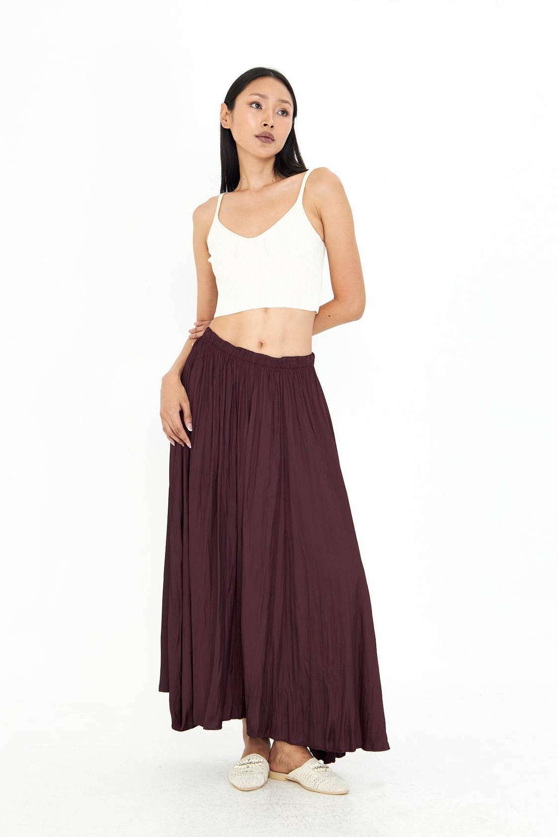 Beli Lastikli Kraşlı Uzun Saten Etek