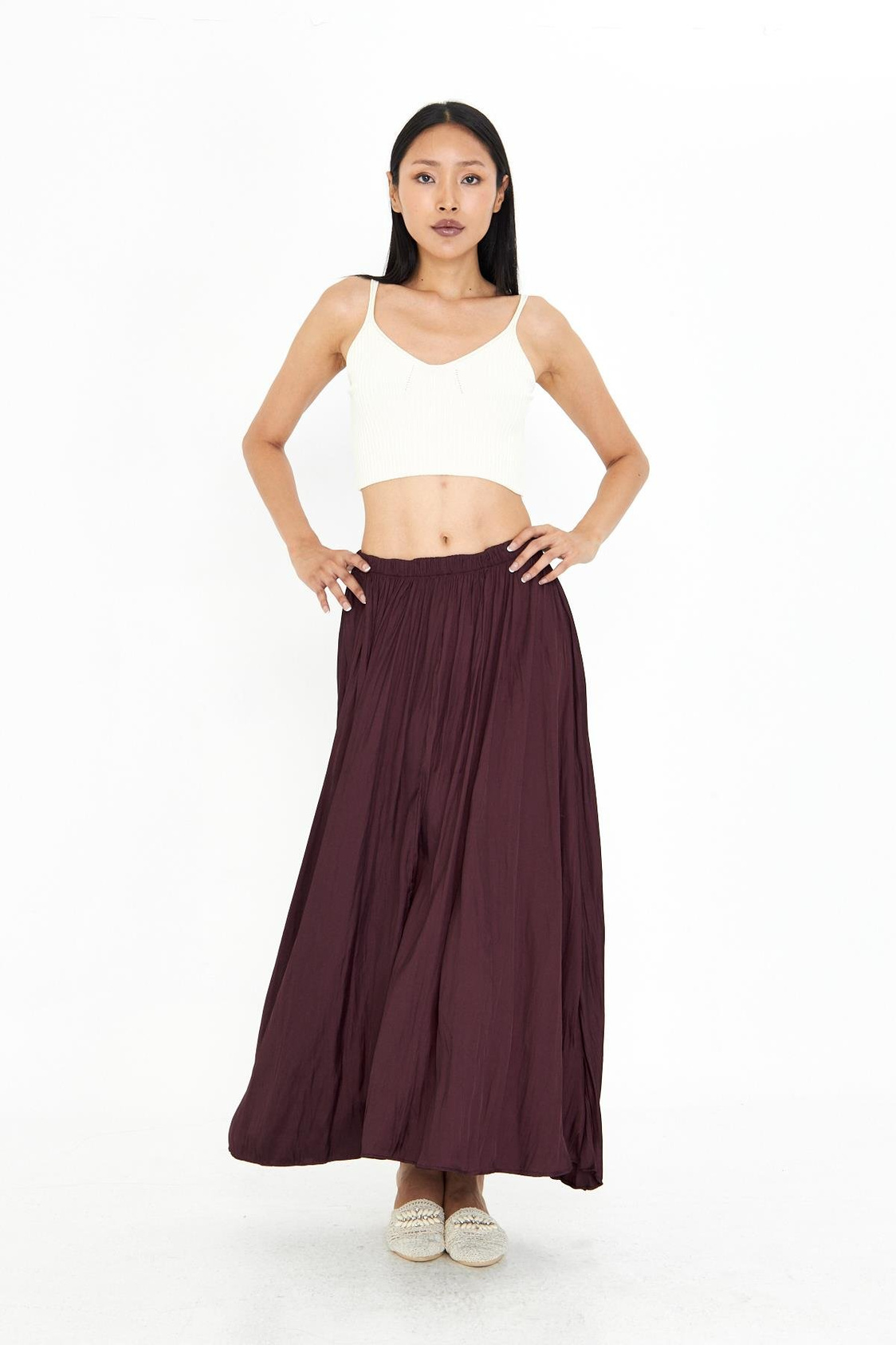 Beli Lastikli Kraşlı Uzun Saten Etek