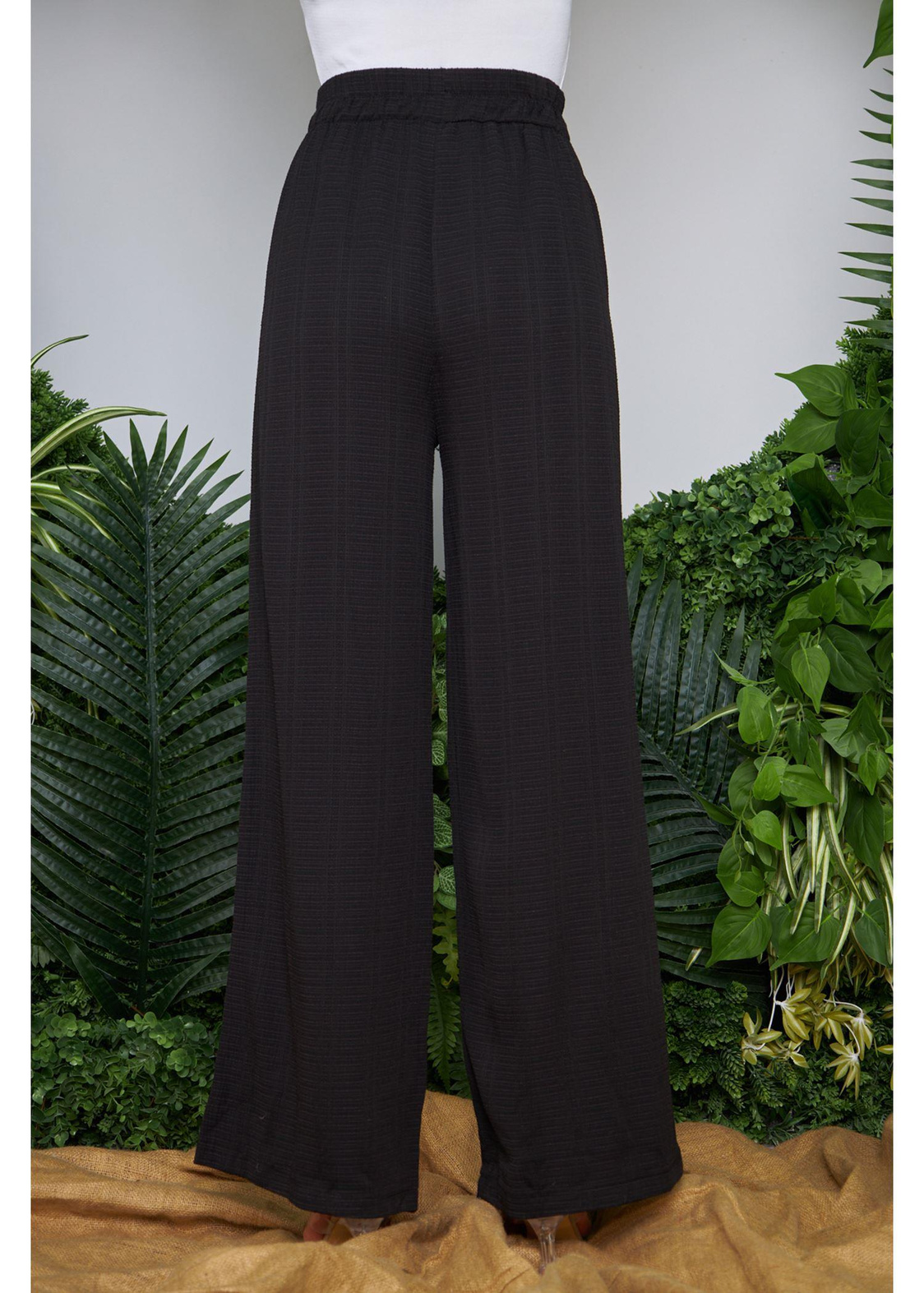 Beli Lastikli Krınkıl Keten Pantolon-Siyah