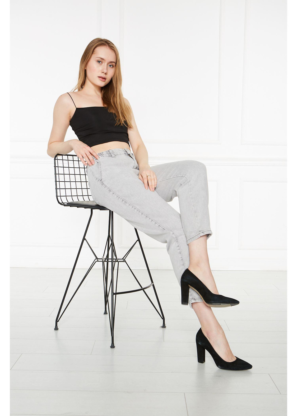 Beli Lastikli Mom Jean Pantolon-Gri