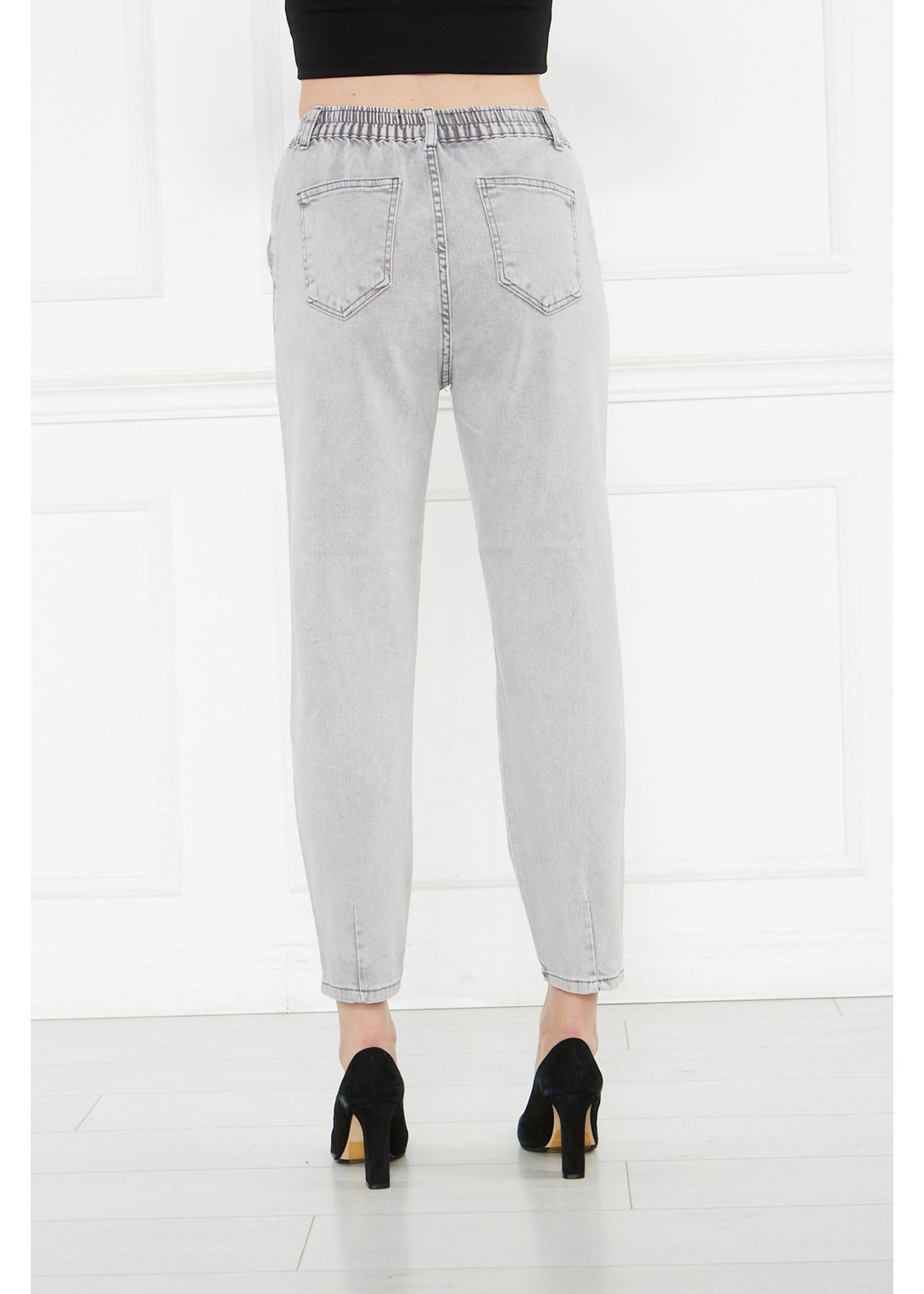 Beli Lastikli Mom Jean Pantolon-Gri