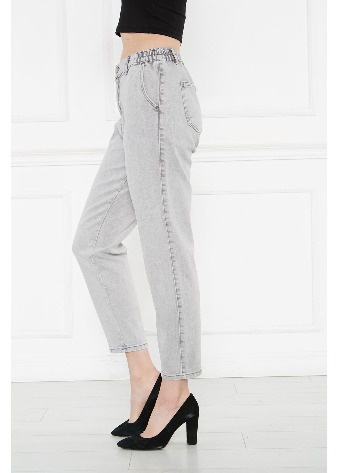 Beli Lastikli Mom Jean Pantolon-Gri