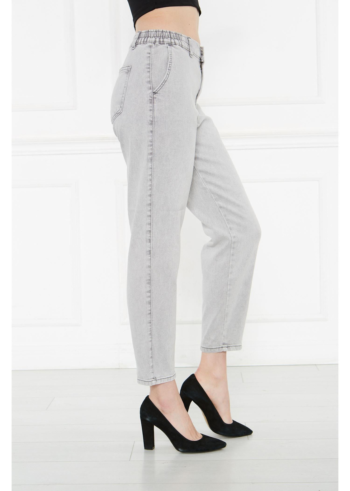 Beli Lastikli Mom Jean Pantolon-Gri