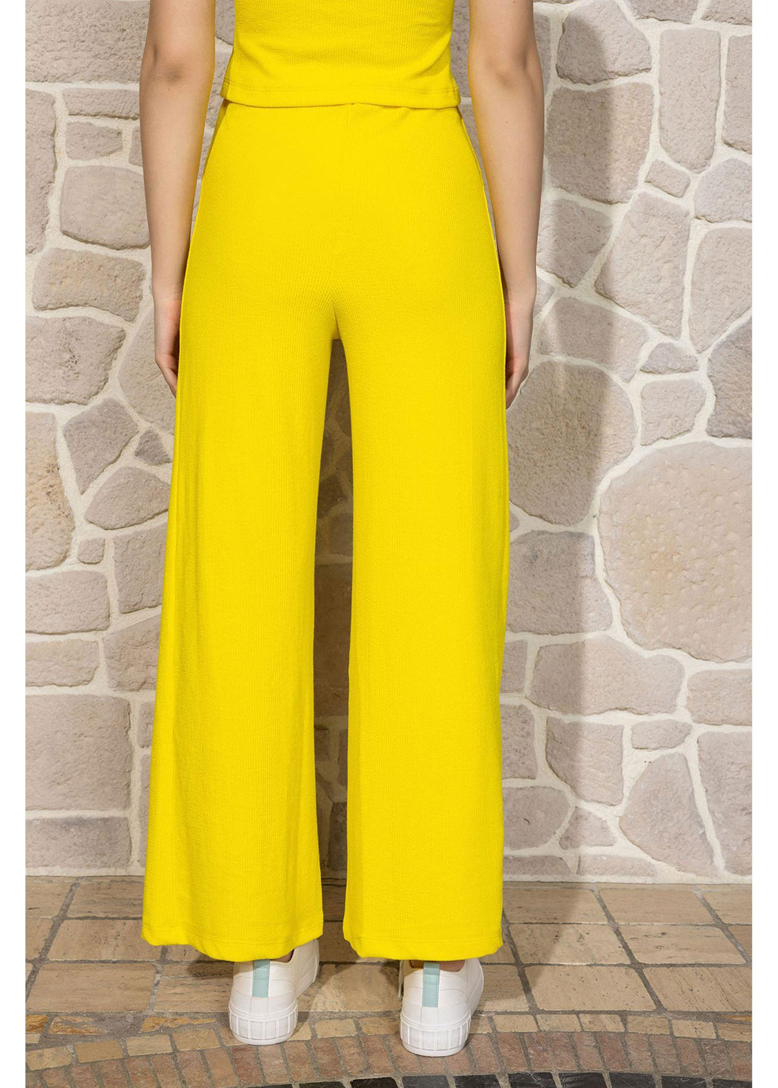 Beli Lastikli Örme Pantolon-Sarı