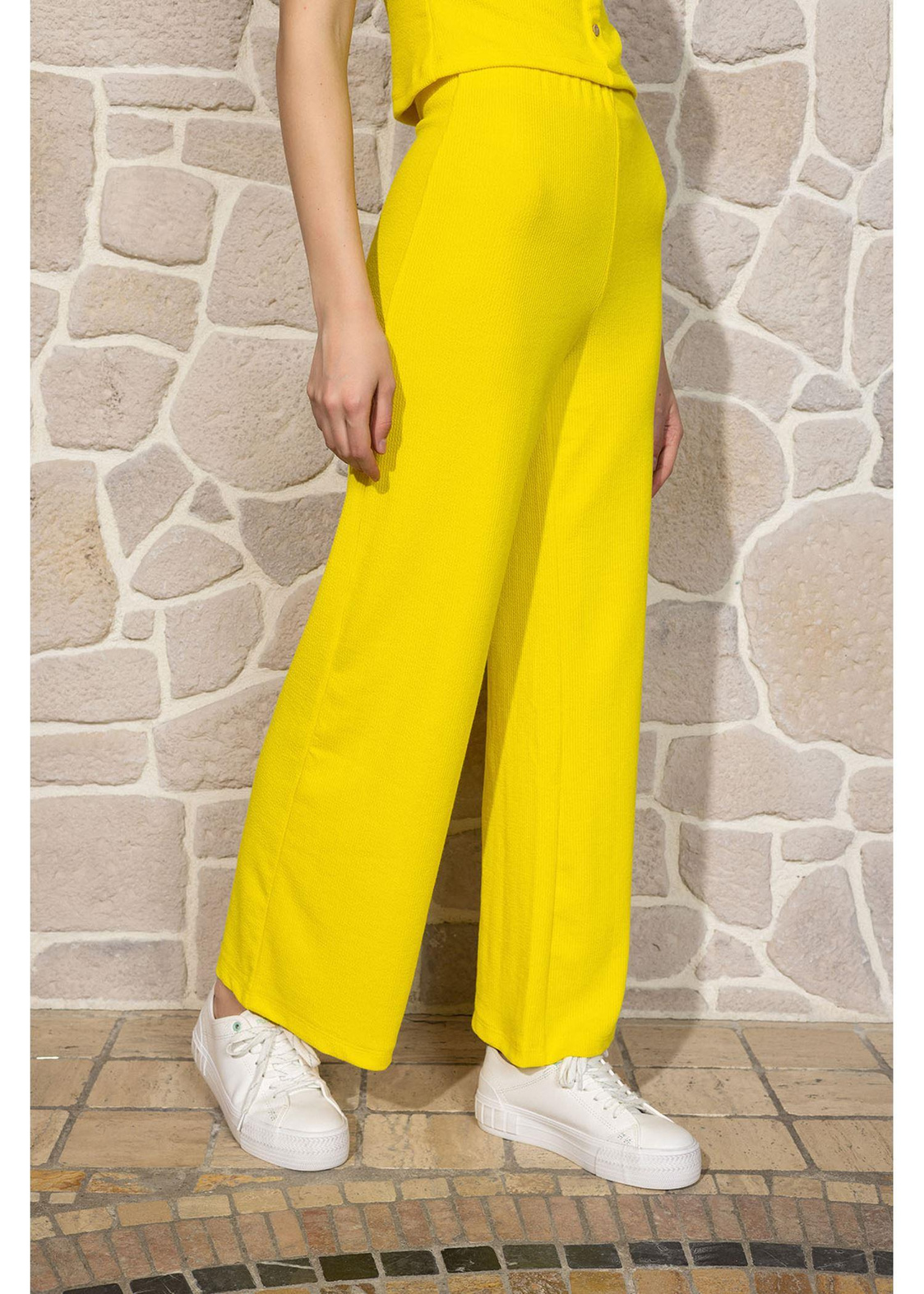 Beli Lastikli Örme Pantolon-Sarı