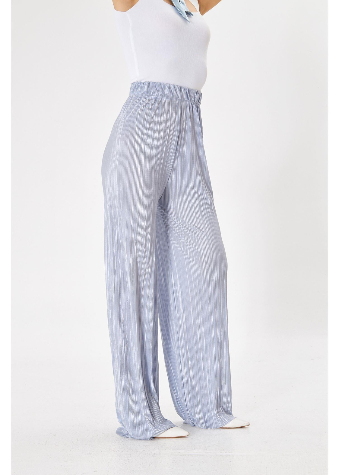 Beli Lastikli Plise Pantolon-Gri