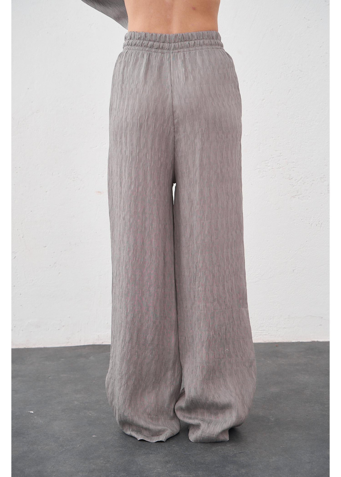 Beli Lastikli Plise Pantolon-Gri