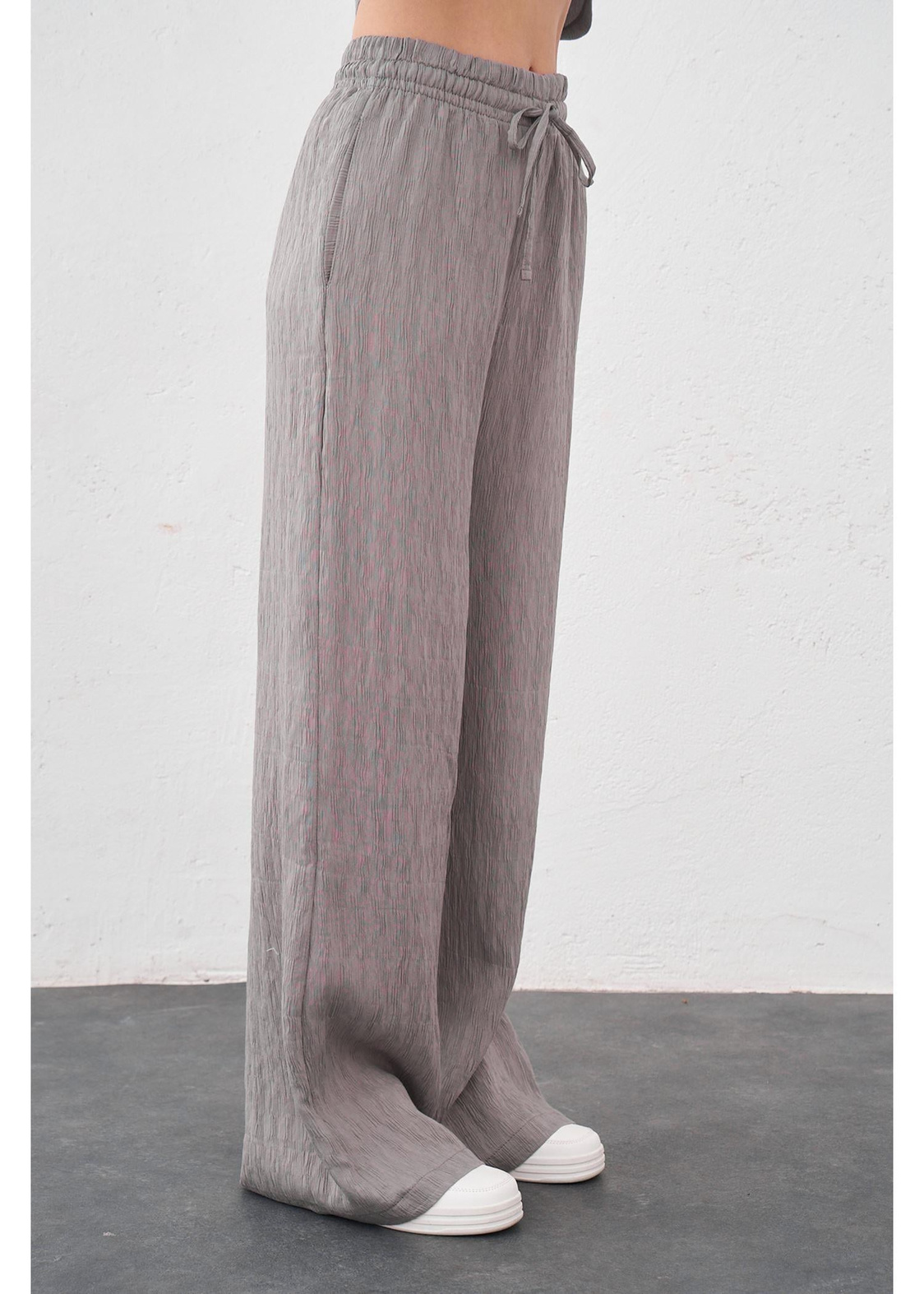 Beli Lastikli Plise Pantolon-Gri