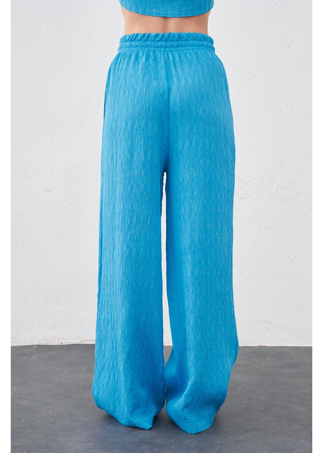 Beli Lastikli Plise Pantolon-Mavi