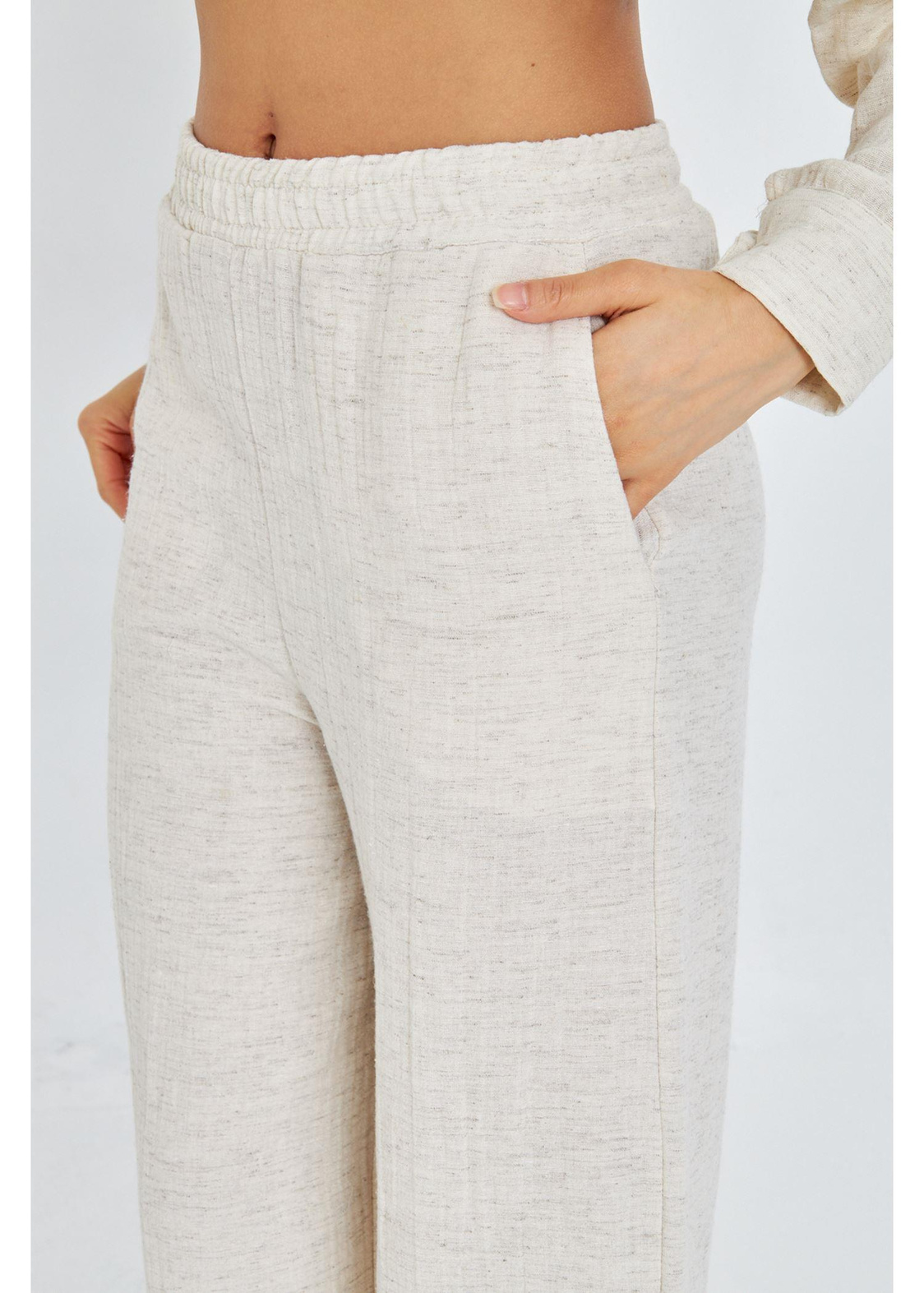 Beli Lastikli Yandan Cepli Müslin Keten Pantolon