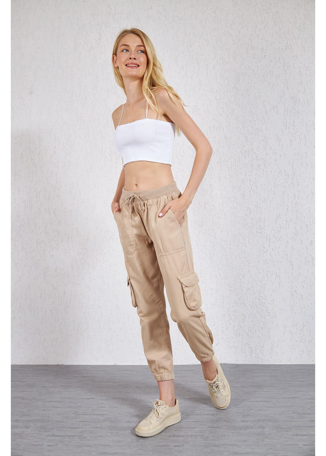 Beli Ribanalı Kargo Cep Pantolon-Taş