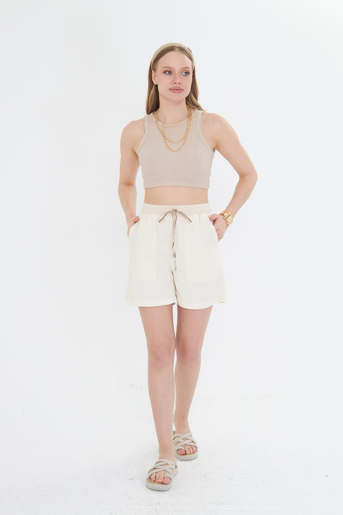 Beli Ribanalı Soft Şort - Ekru