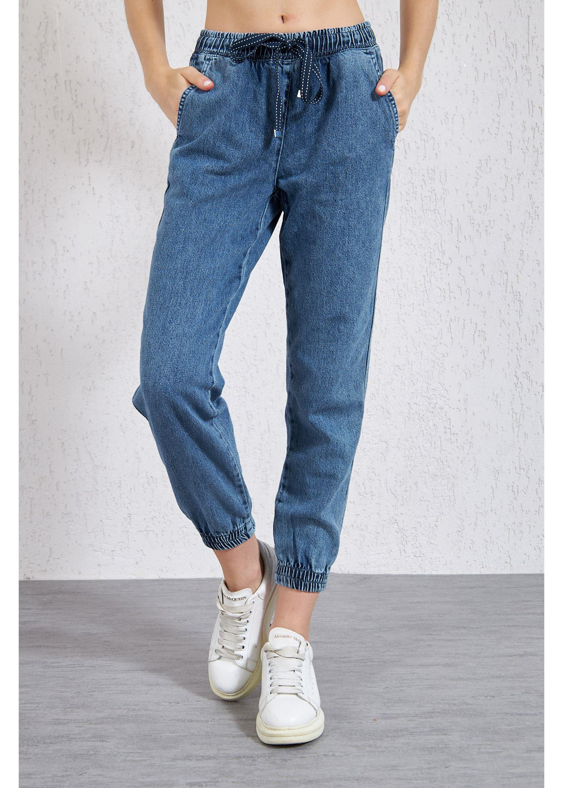 Beli ve Paçası Lastikli Denim Pantolon-K.Mavi