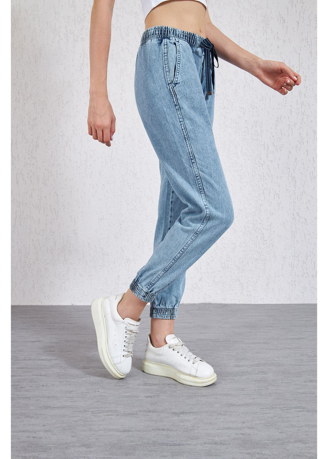Beli ve Paçası Lastikli Denim Pantolon-Mavi