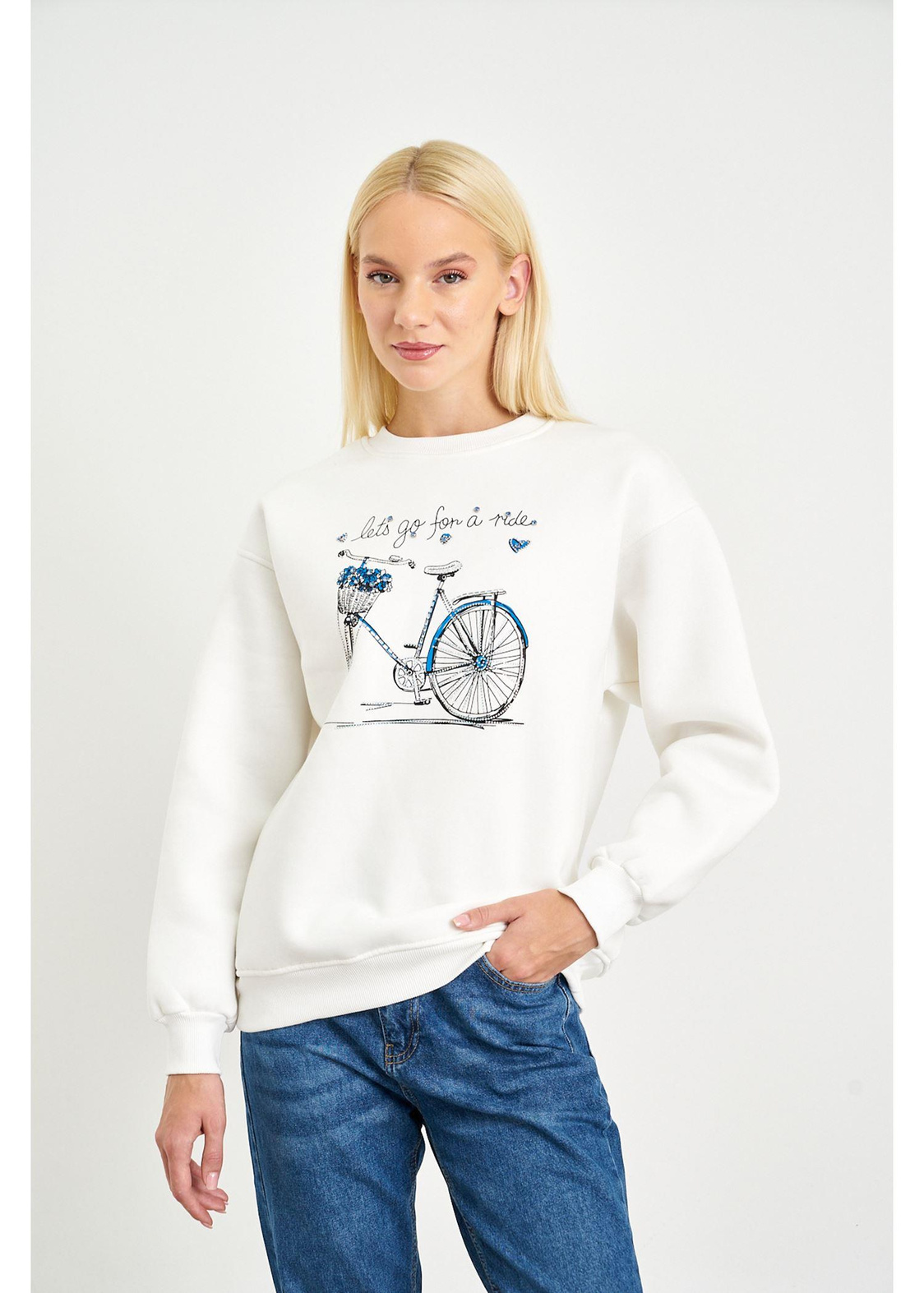 Bisiklet Baskılı Sweatshirt-Ekru