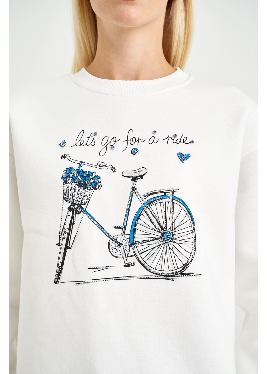 Bisiklet Baskılı Sweatshirt-Ekru
