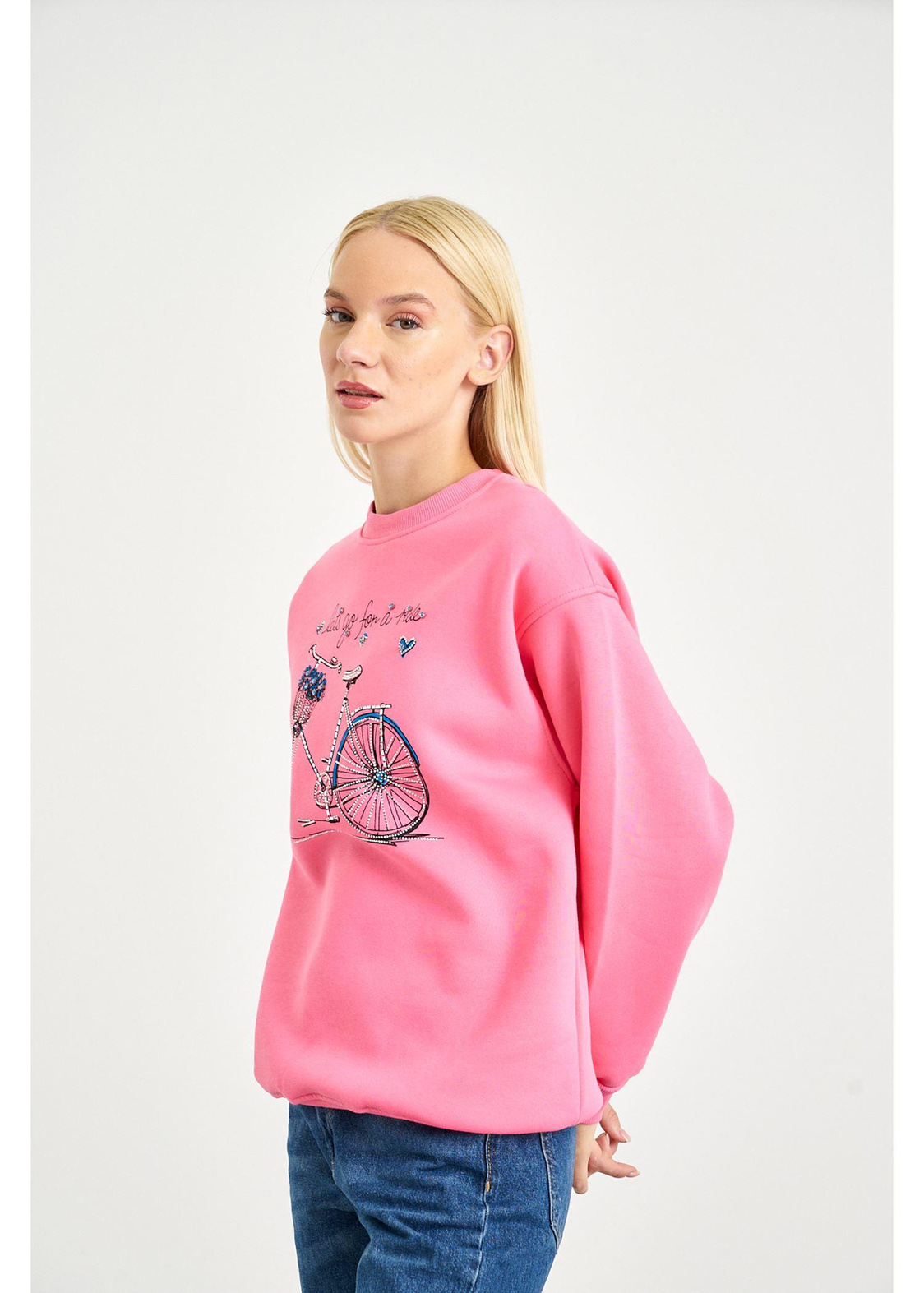 Bisiklet Baskılı Sweatshirt-Pembe