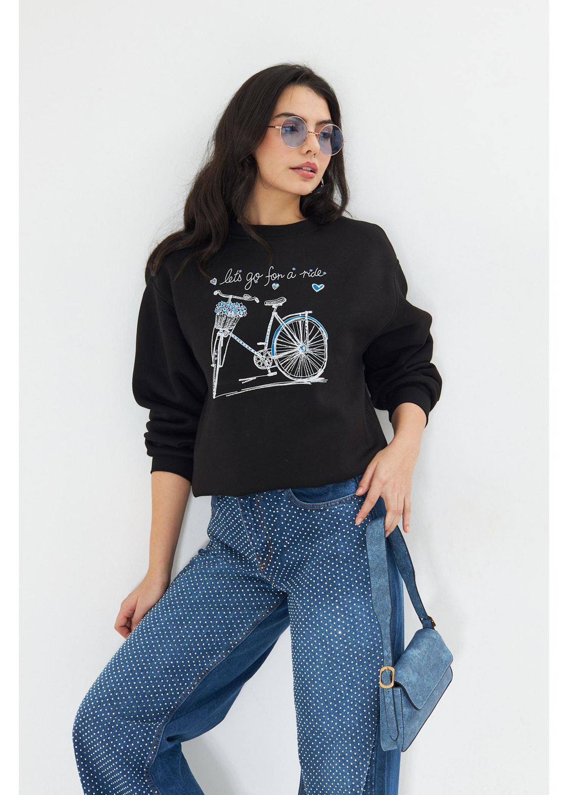 Bisiklet Baskılı Taşlı Sweatshirt