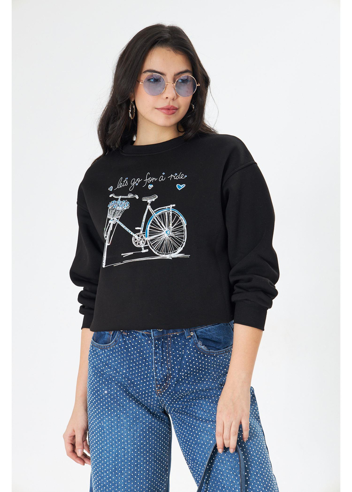 Bisiklet Baskılı Taşlı Sweatshirt