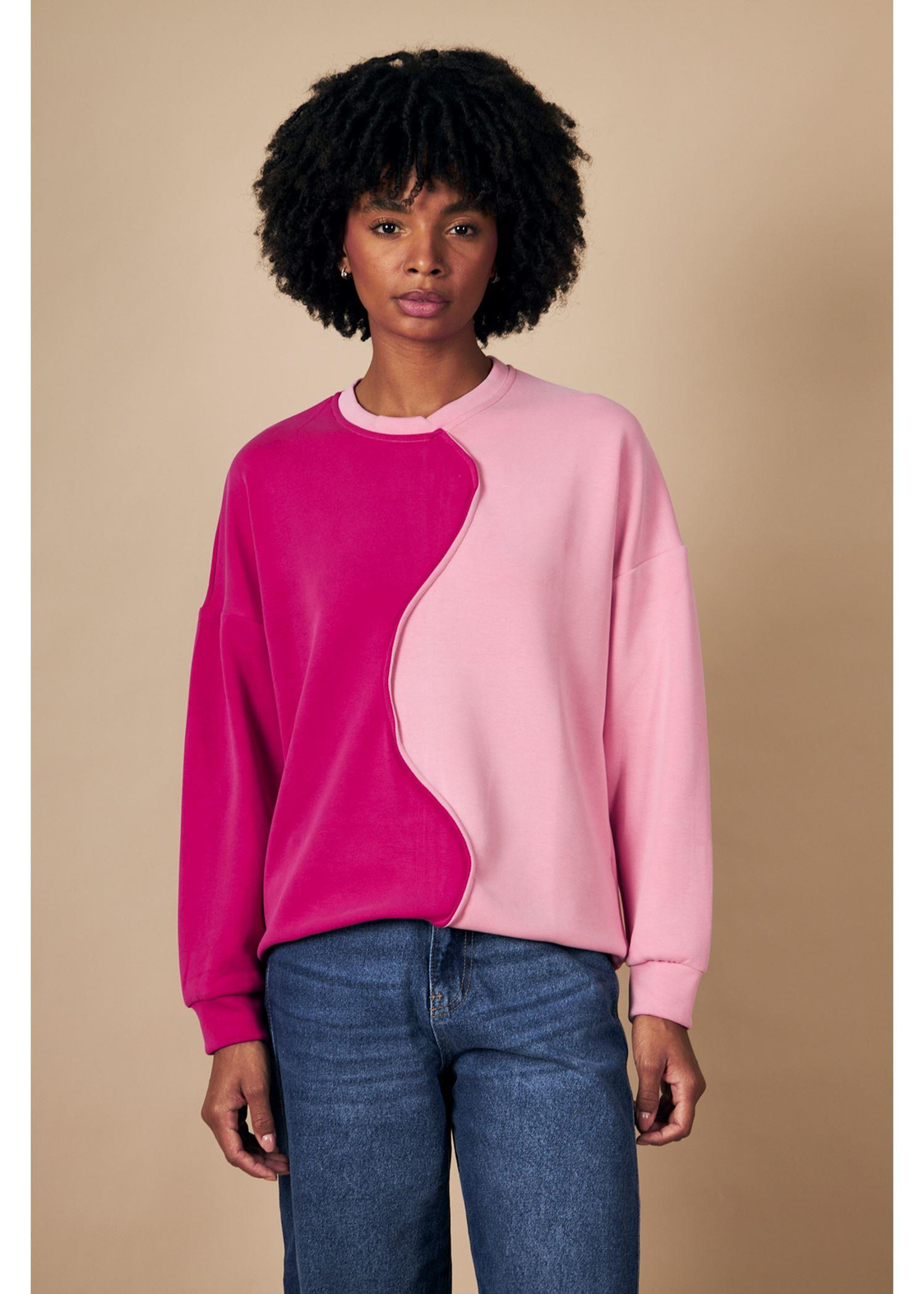 Bisiklet Yaka Çift Renk Dalgıç Sweatshirt-Fuşya/Somon