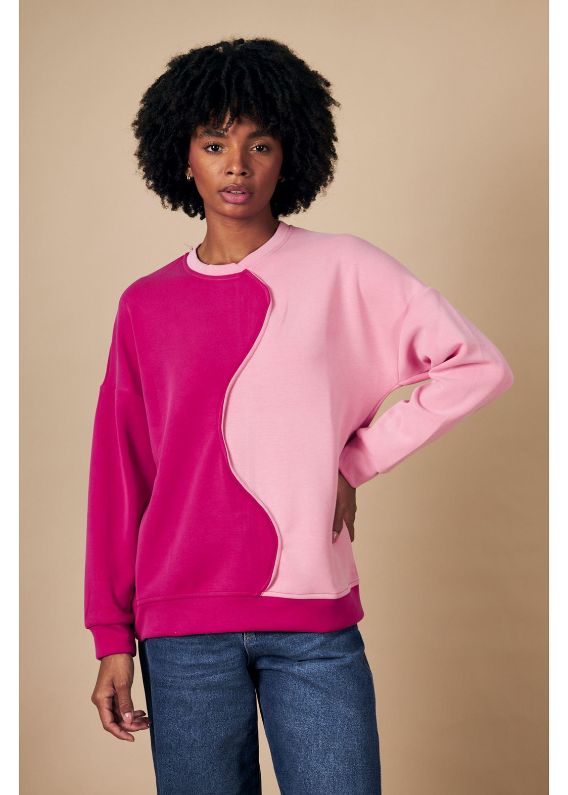 Bisiklet Yaka Çift Renk Dalgıç Sweatshirt-Fuşya/Somon