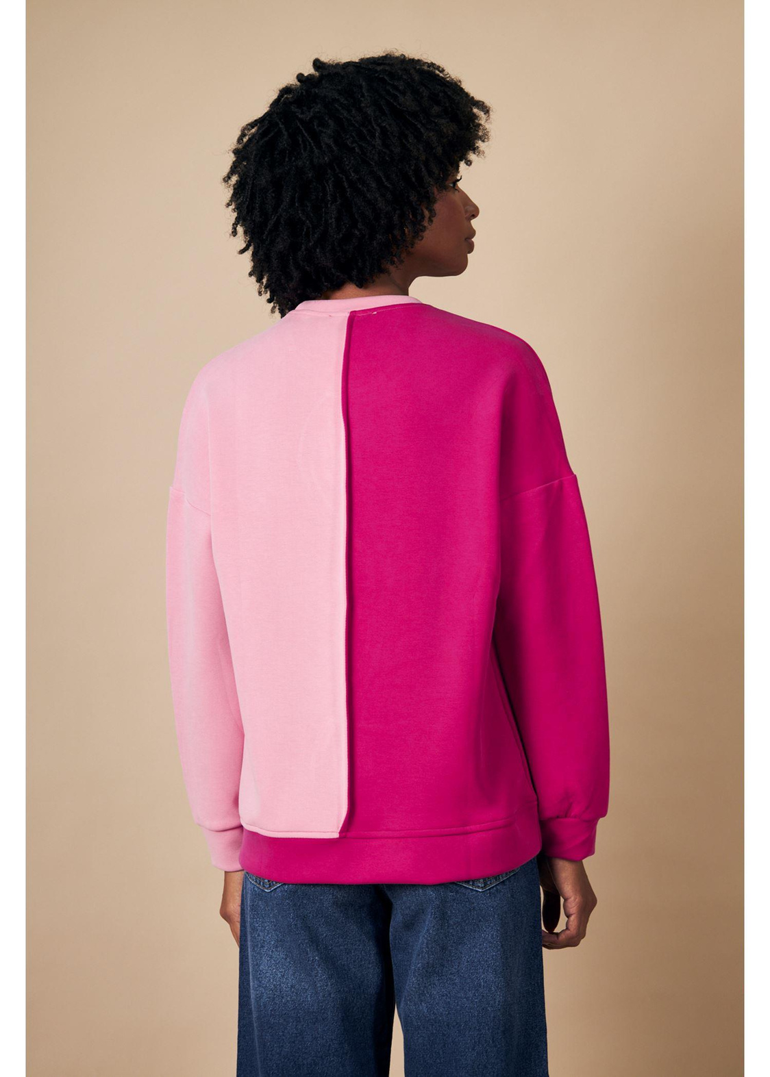 Bisiklet Yaka Çift Renk Dalgıç Sweatshirt-Fuşya/Somon
