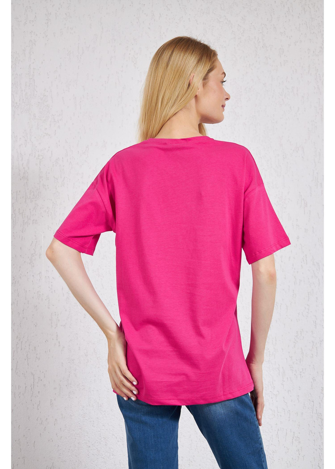 Bisiklet Yaka El Baskılı Süprem T-Shirt-Fuşya