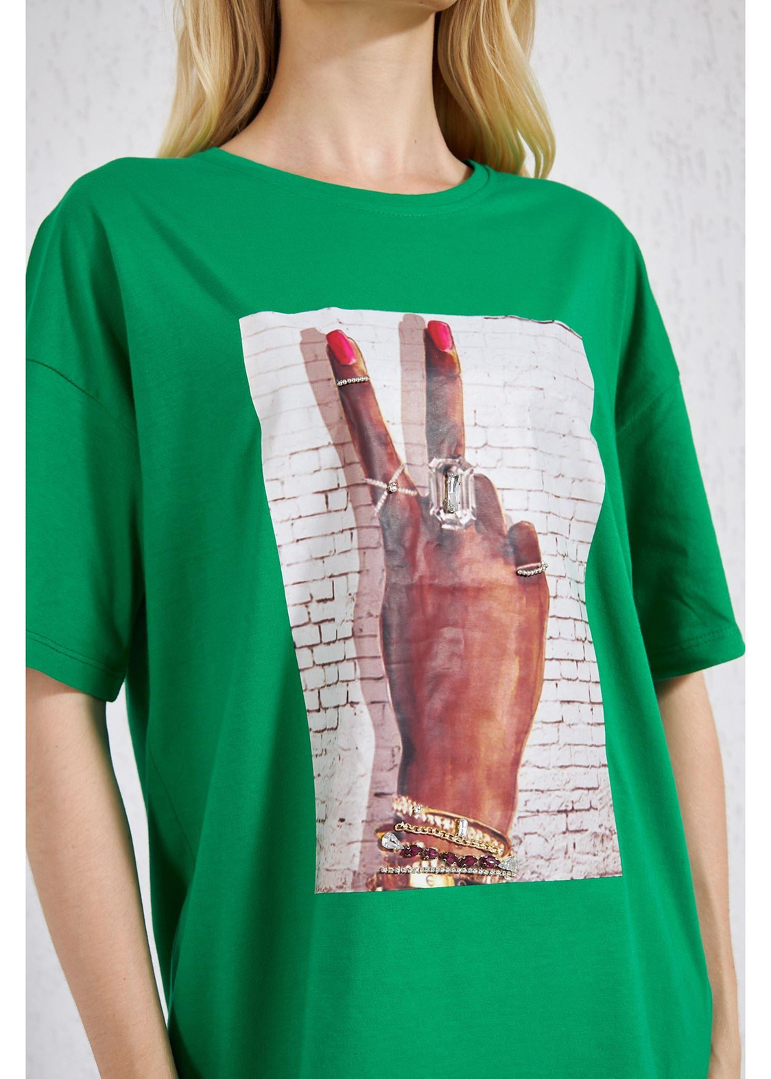 Bisiklet Yaka El Baskılı Süprem T-Shirt-Yeşil