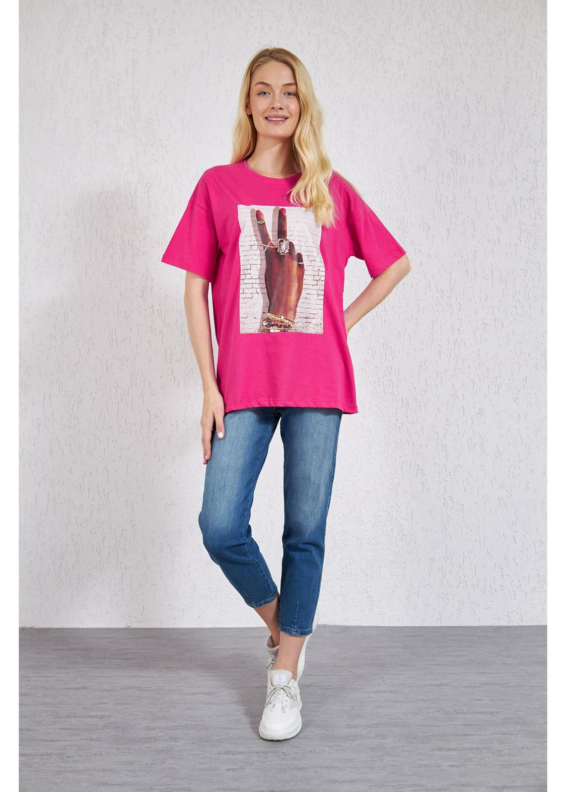 Bisiklet Yaka El Baskılı Süprem T-Shirt-Fuşya