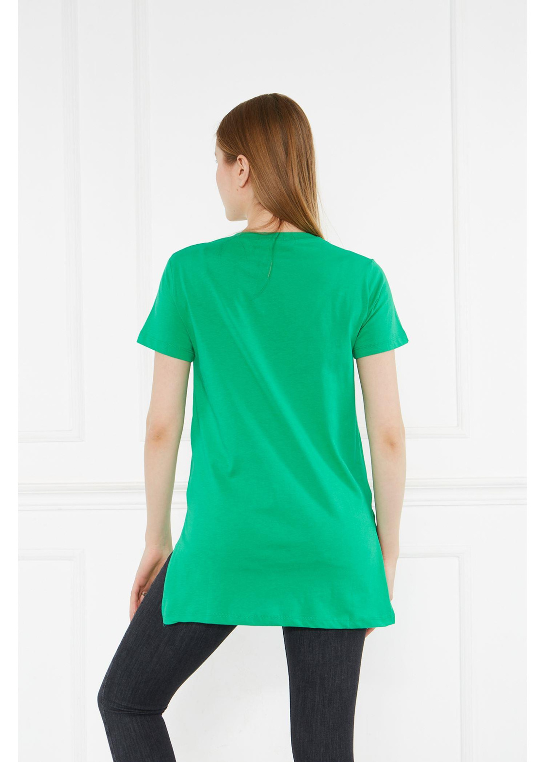 Bisiklet Yaka Kısa Kol Yırtmaçlı Tshirt-Yeşil