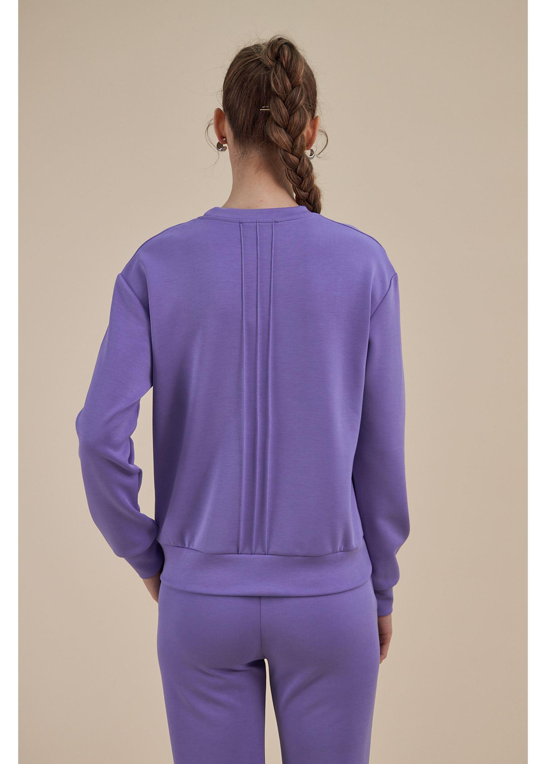 Bisiklet Yaka Uzun Kol Dalgıç Sweatshirt-Lila