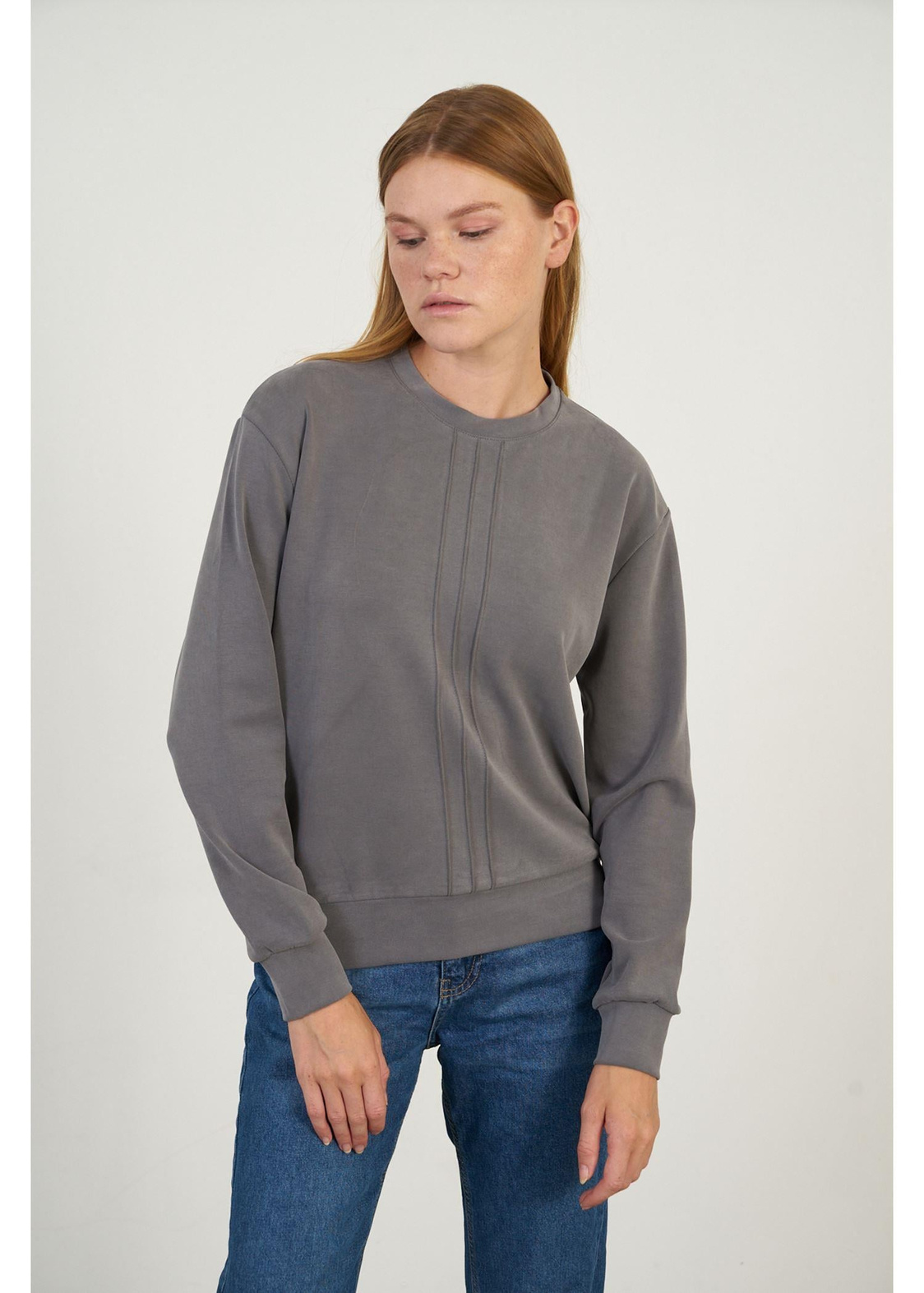 Bisiklet Yaka Uzun Kol Dalgıç Sweatshirt-Füme