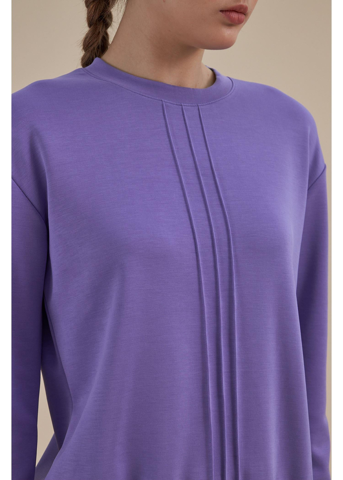 Bisiklet Yaka Uzun Kol Dalgıç Sweatshirt-Lila
