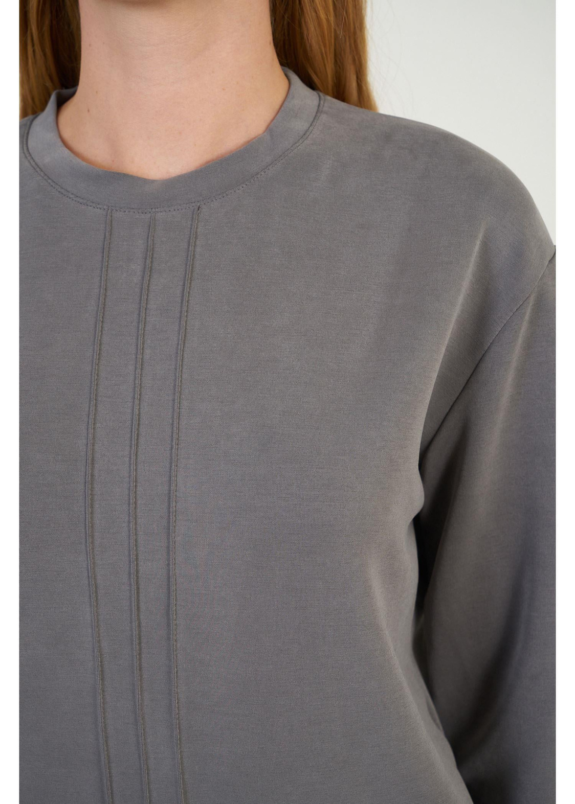 Bisiklet Yaka Uzun Kol Dalgıç Sweatshirt-Füme