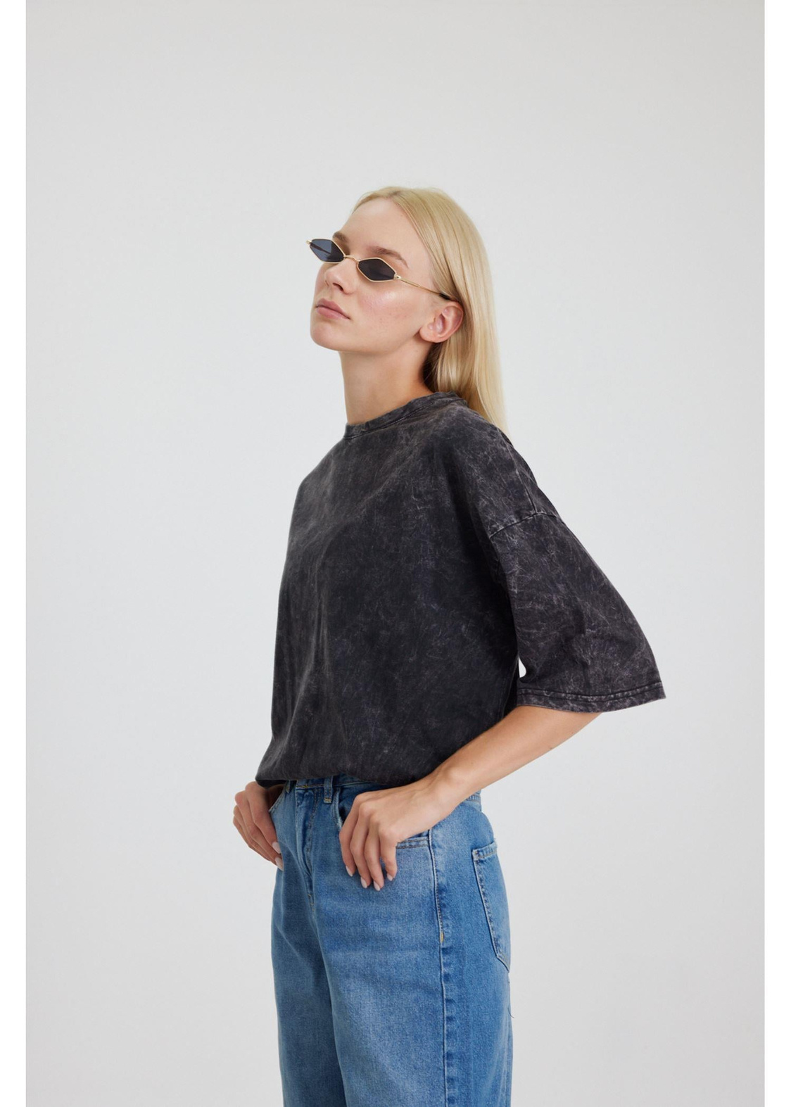 Bisiklet Yaka Yıkamalı Basic T-Shirt-Antrasit