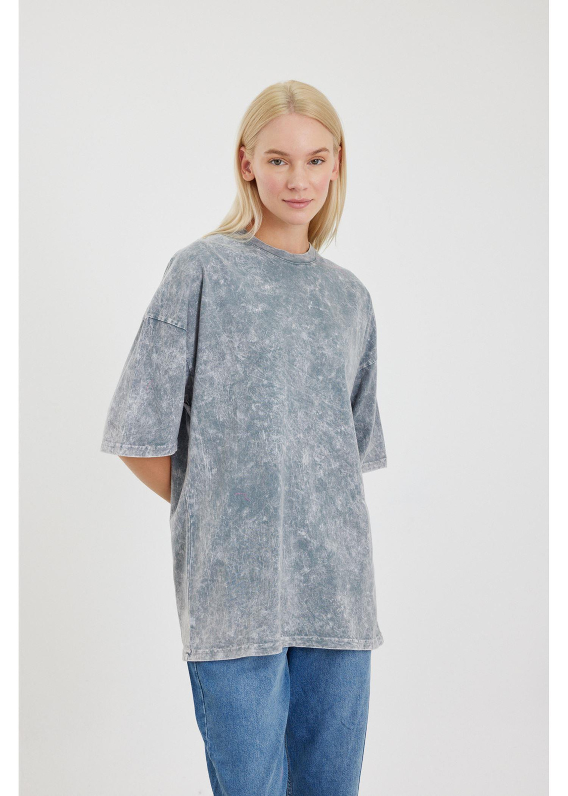 Bisiklet Yaka Yıkamalı Basic T-Shirt-Gri
