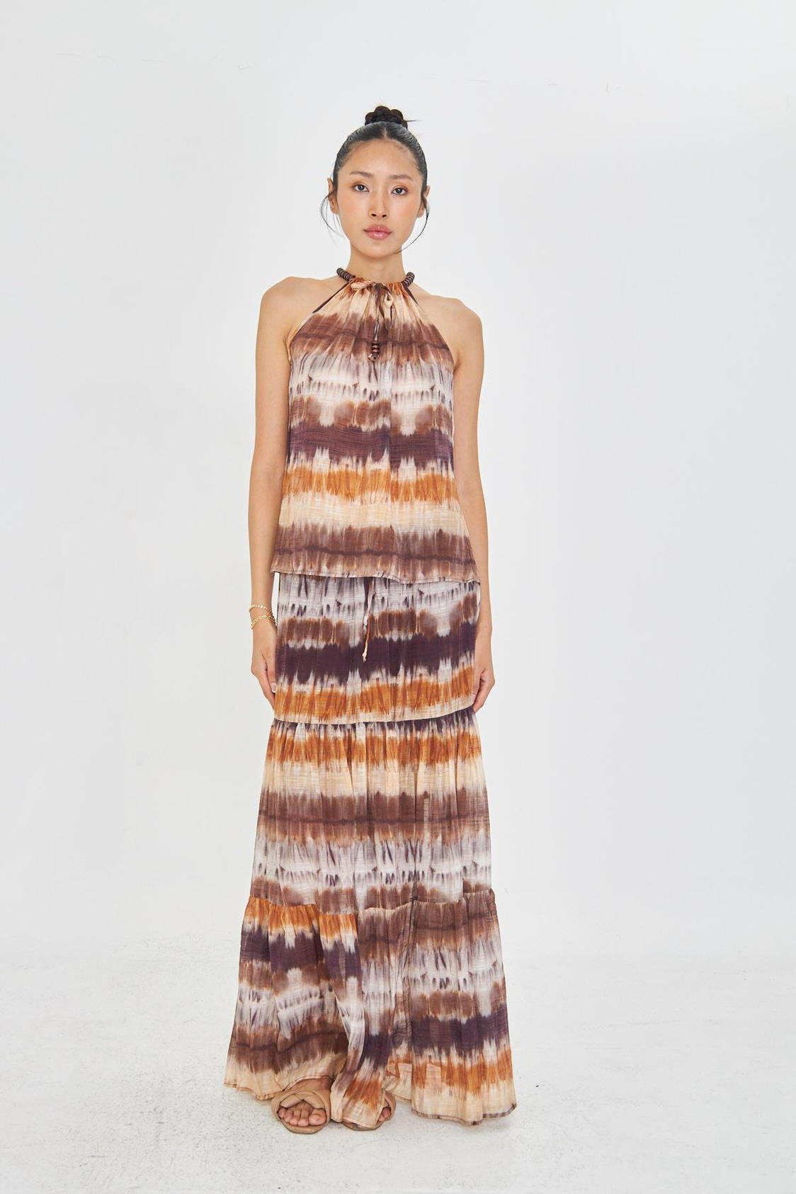 Boncuklu Baskılı Halter Yaka Bluz