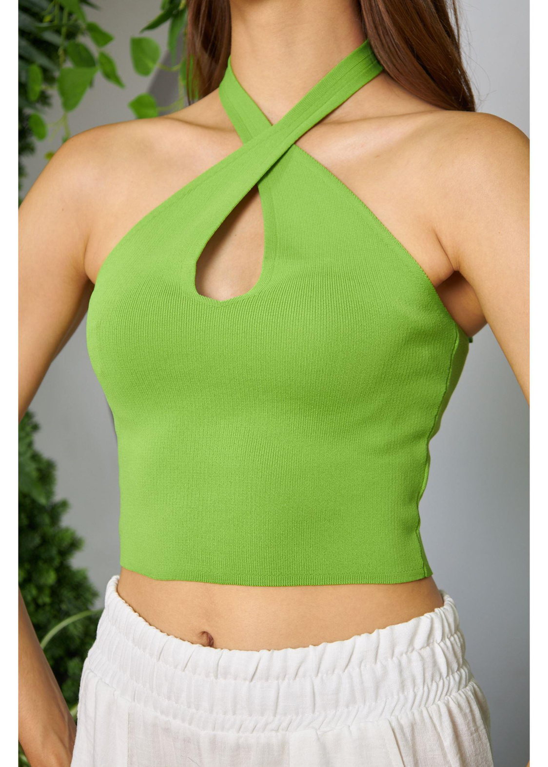 Boyundan Çapraz Bağlamalı Crop Top-Yeşil
