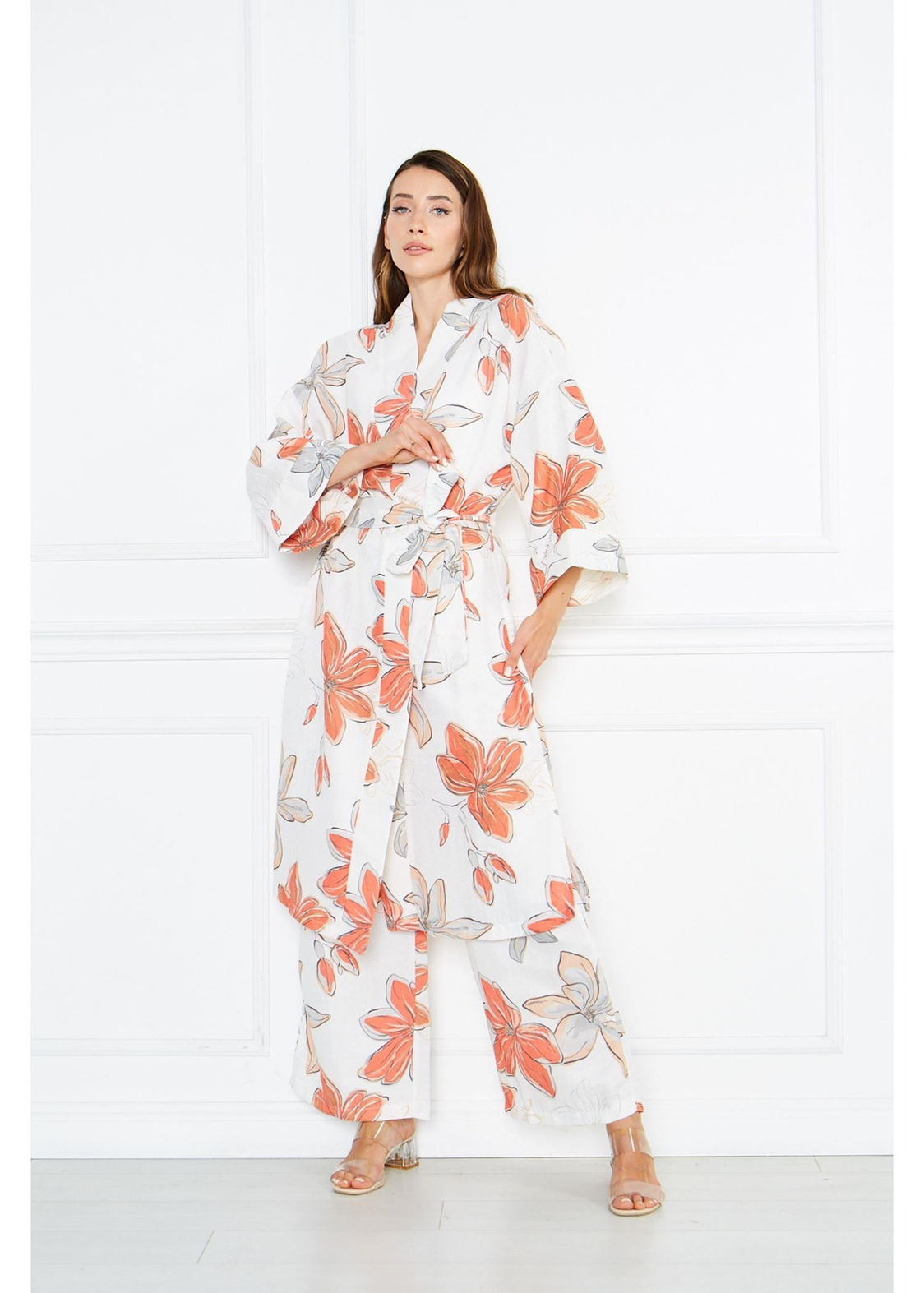 Büyük Çiçek Desenli Kimono-Turuncu
