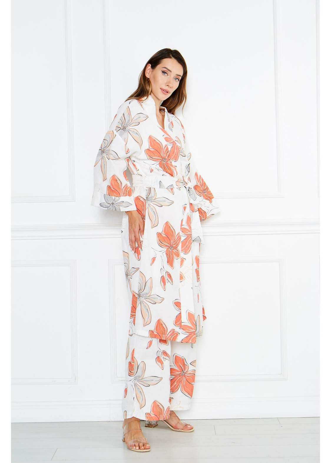 Büyük Çiçek Desenli Kimono-Turuncu
