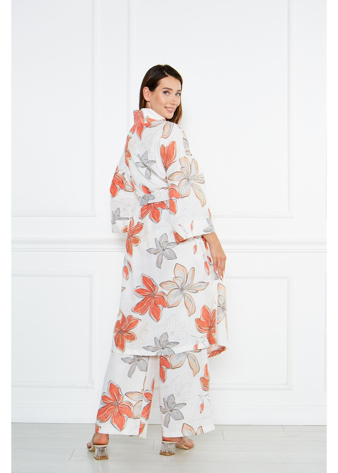 Büyük Çiçek Desenli Kimono-Turuncu