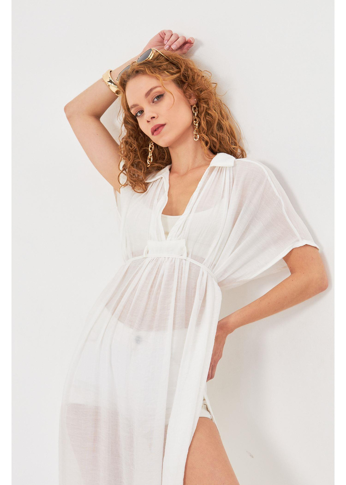 Büzgülü Açık Yaka Mango Kimono