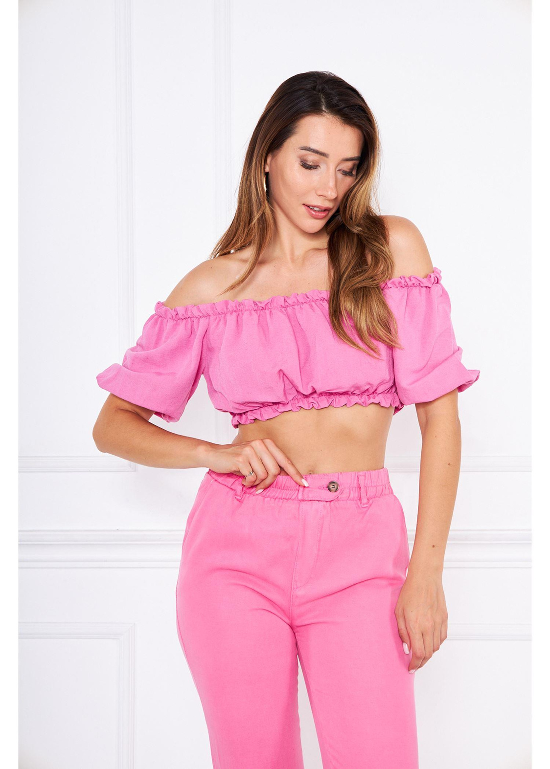Büzgülü Keten Mini Bluz-Pembe