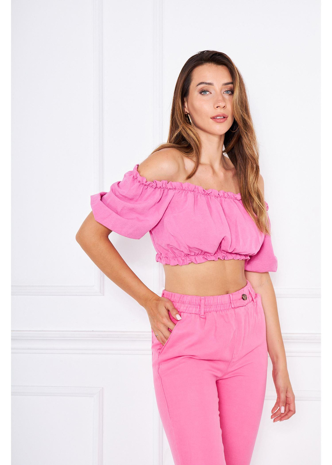 Büzgülü Keten Mini Bluz-Pembe