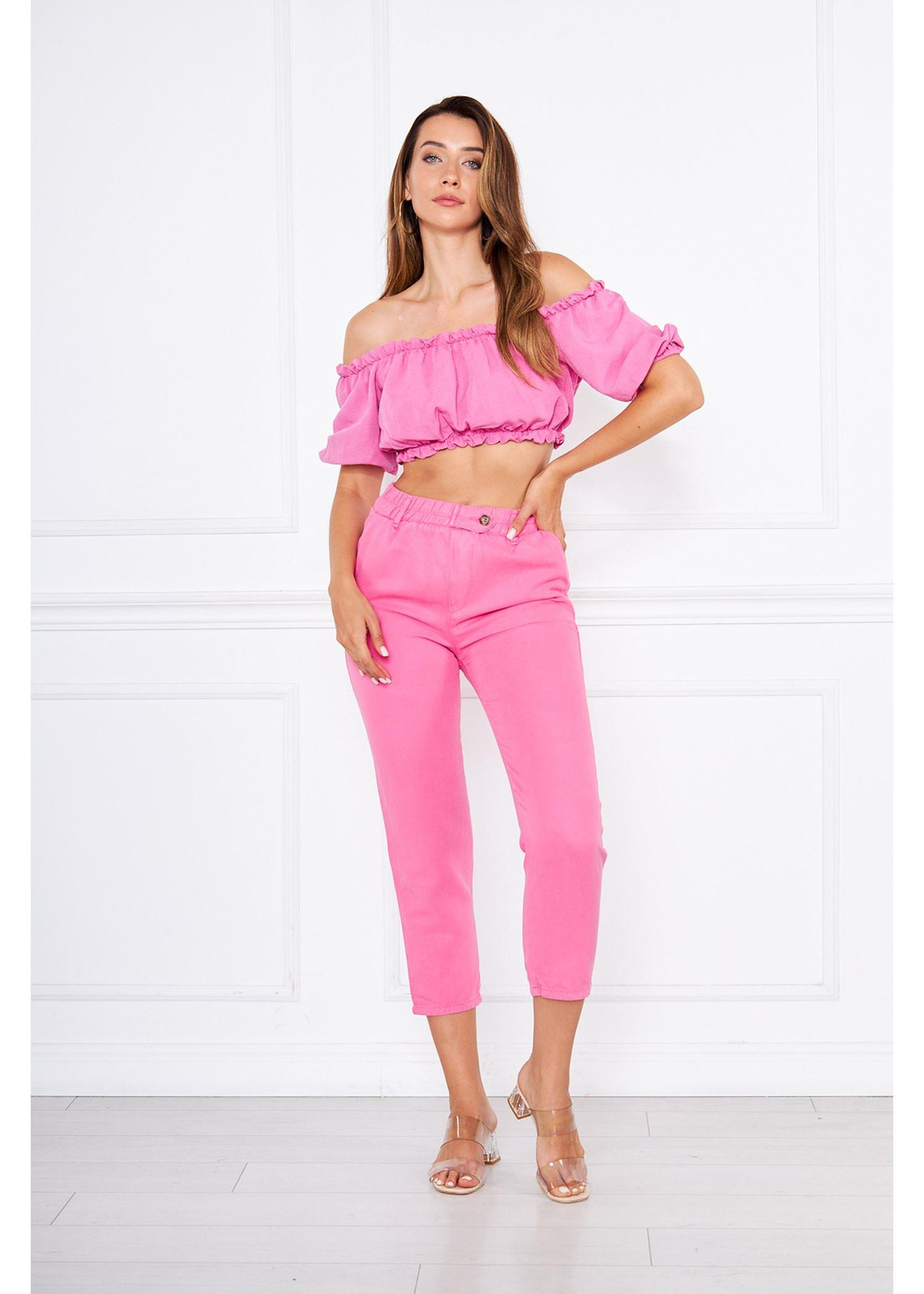 Büzgülü Keten Mini Bluz-Pembe