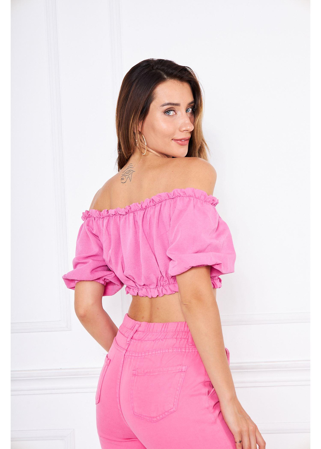 Büzgülü Keten Mini Bluz-Pembe