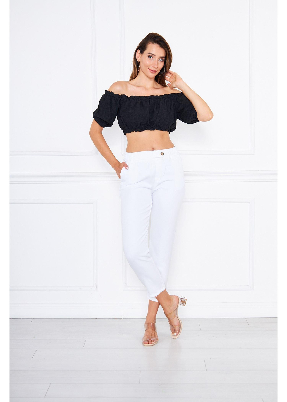 Büzgülü Keten Mini Bluz-Siyah