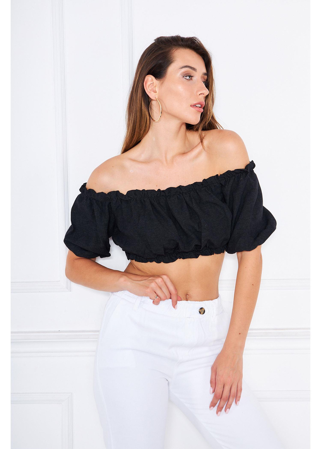 Büzgülü Keten Mini Bluz-Siyah